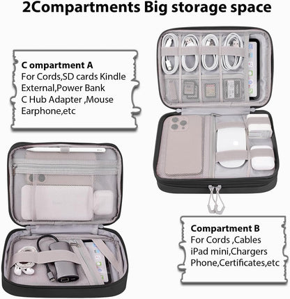 DDgro Travel Electronic Accessory Organizer for Keeping Cables Cords Chargers Phone Earphones SD Cards, Double Layers Storage Pouch Bag (Black, PU-Large)