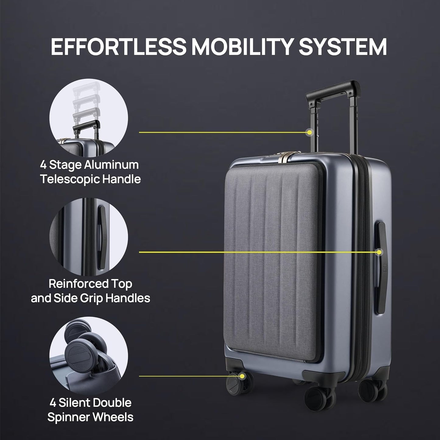 NINETYGO Carry on Luggage 22X14X9 Airline Approved with Front Pocket, 20 Inch Luggage with Front Compartment, Expandable, Double Spinner Wheels, Hardsided PC, TSA Lock (Cool Grey, Seine Max)