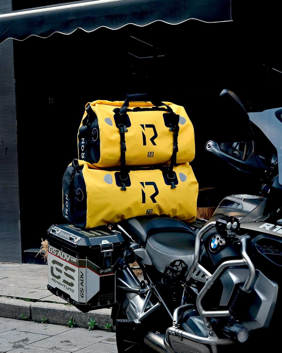 BORLENI Waterproof Motorcycle Dry Duffel Bag Luggage Tail Bag with Large Storage Space,Roll Top Closure, Shoulder Straps, Inner Pocket and Mesh Pocket for Motorcycling Travel Camping(Yellow,70L)