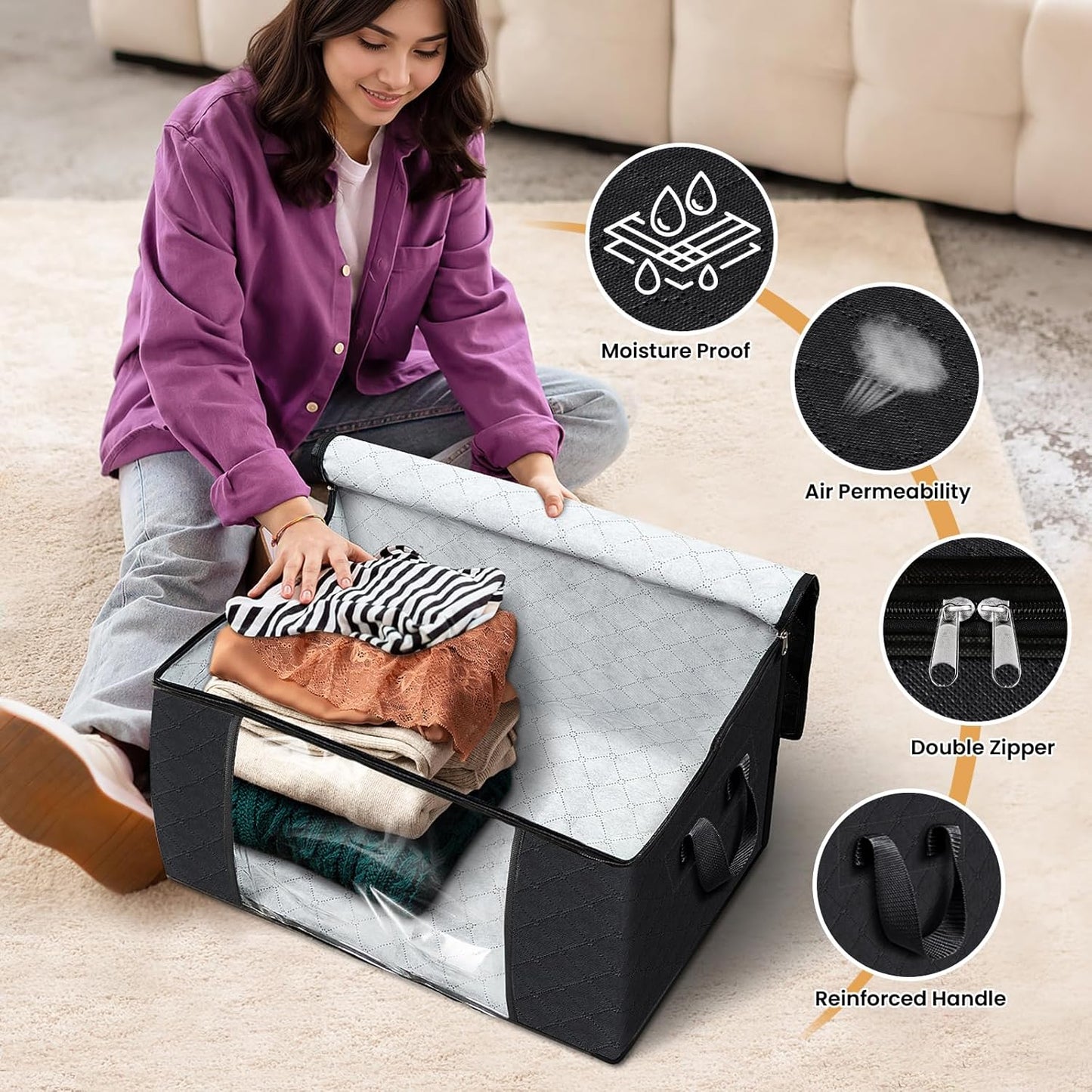Fab totes 8 Pack Clothes Storage, Foldable Thick Fabric Blanket Storage Bags, Containers for Organizing Bedroom, Closet, Clothing, Comforter,Closet Organization with Handle,Black