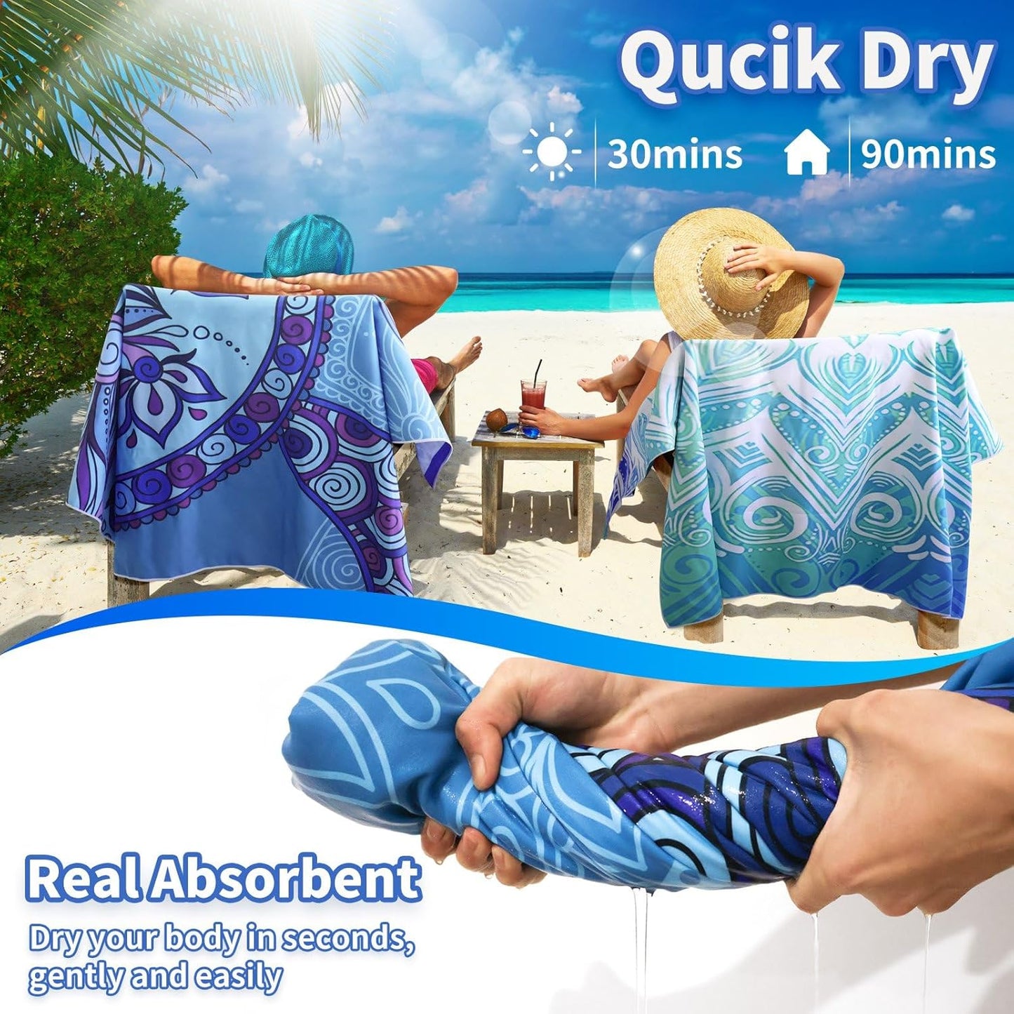 Beach Towels Oversized - 2 Pack 71"x 39" 250GSM Microfiber Beach Towels for Adults, Lightweight Quick Dry Absorbent Compact Sand Free Beach Towel for Swimming Pool, Camping, Yoga, Travel