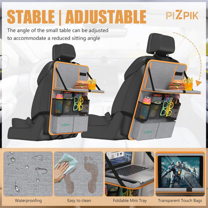 Car Backseat Organizer with Tablet Holder,11 Storage Pockets with Foldable Food Tray, Protector Kick Mats for Kids, Travel Accessories Organizer (Orange, 2Pack)