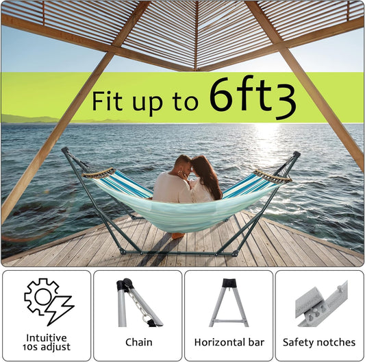Tranquillo Sturdy Steel Hammock with Stand Premium Cotton Canvas Hammock, 600 lbs Capacity Hammock Stand Folding, Portable 30-Second Fold Unfold for Camping, (Canvas - Blue Leaf)