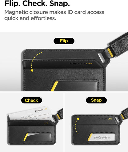 Spigen Life Luggage Tags Premium Velo Vegan Leather ID Label for Suitecase Travel Bag Accessories with Magnetic Closure Privacy Protection Design Durable Strap - Black (2 Pack)