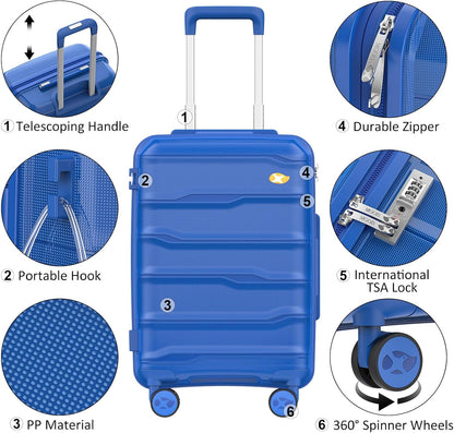 Carry On Luggage 22x14x9 Airline Approved, Hard Shell Suitcase with Spinner Wheels, PP Lightweight Luggages with TSA Lock, Carry-On Suitcases 20 Inch, Blue