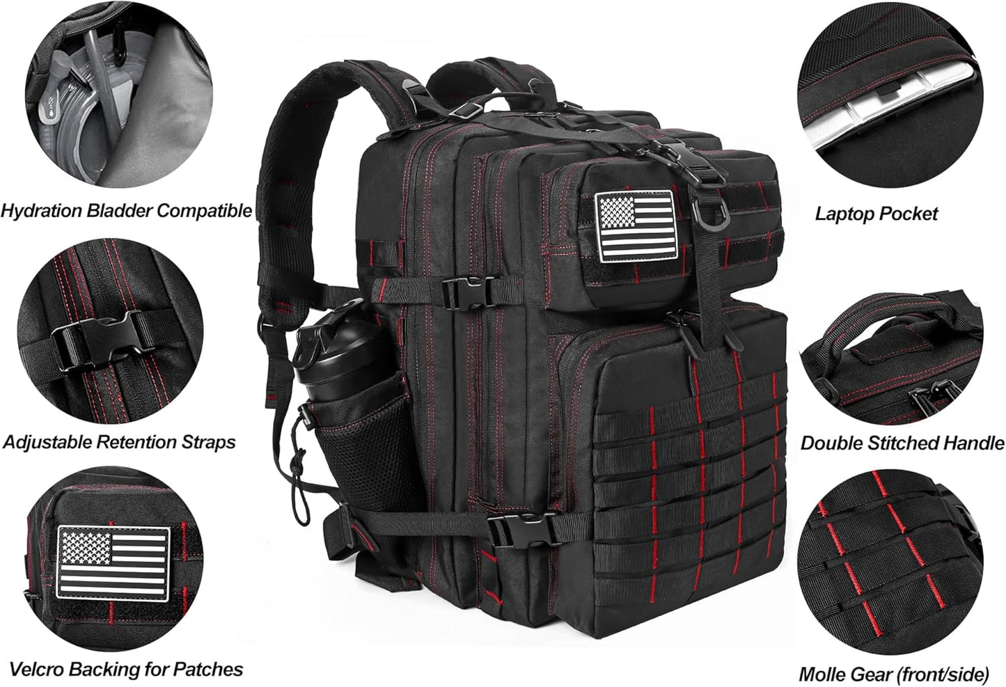 LHI Military Tactical Backpack for Men and Women 45L Army 3 Days Assault Pack Bag Large Rucksack with Molle System - Black With Red Line