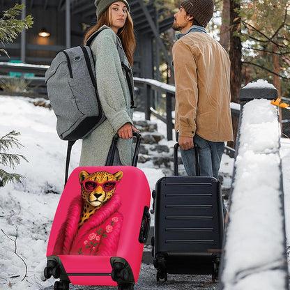 ANNA QUEEN Fashionable Leopard Luggage Cover, Leopard in Pink Coat and Sunglasses, Stretchable, Washable Travel Sleeve for 24-26 Inch Luggage