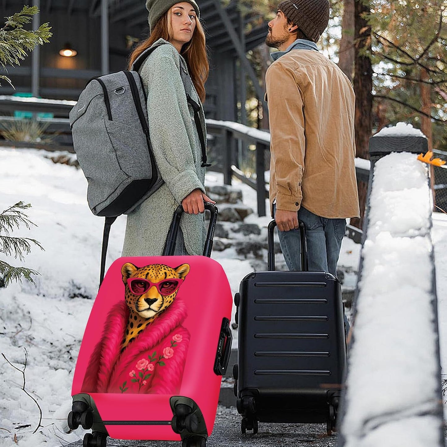 ANNA QUEEN Fashionable Leopard Luggage Cover, Leopard in Pink Coat and Sunglasses, Stretchable, Washable Travel Sleeve for 28-30 Inch Luggage