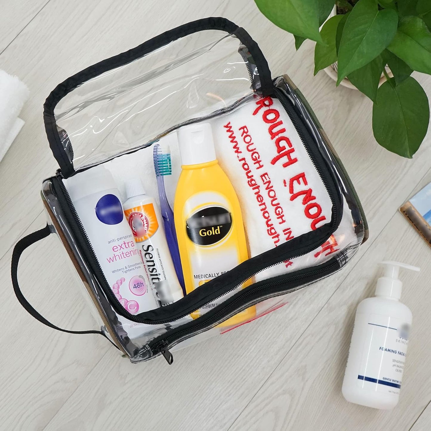 Rough Enough Clear Makeup Toiletry Bag Cosmetic Organizer Large Medicine Pouch with Zipper for Women Travel Accessories Essentials Pouch Toiletries Airport