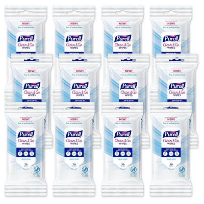 PURELL® Clean & Go Cleaning Wipes, Skin and Surface, Fresh Scent, 20 Count Travel Pack (Pack of 12), 9269-12-CMR