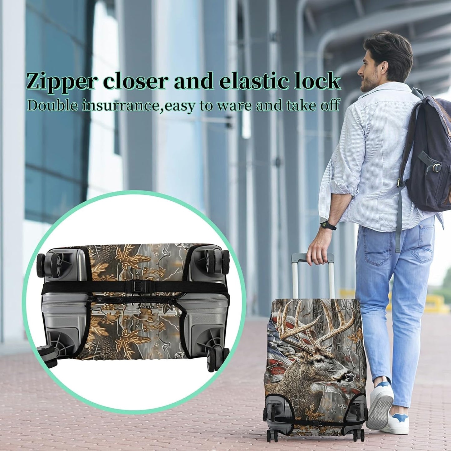 Luggage Cover Suitcase Protector + Tag, Camo Deer Flag Travel Suitcase Cover for 20 inch Luggage (S) with Concealed Zipper Washable Elastic Cloth Dustproof Anti-Scratch