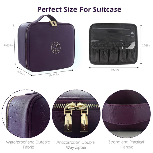 MOMIRA Travel Makeup Bag Cosmetic Bag Makeup Organizer Bag with Lighted Mirror, Adjustable Brightness in 3 Color Scenarios, Waterproof Makeup Train Case, Gift for Women - Deep Purple