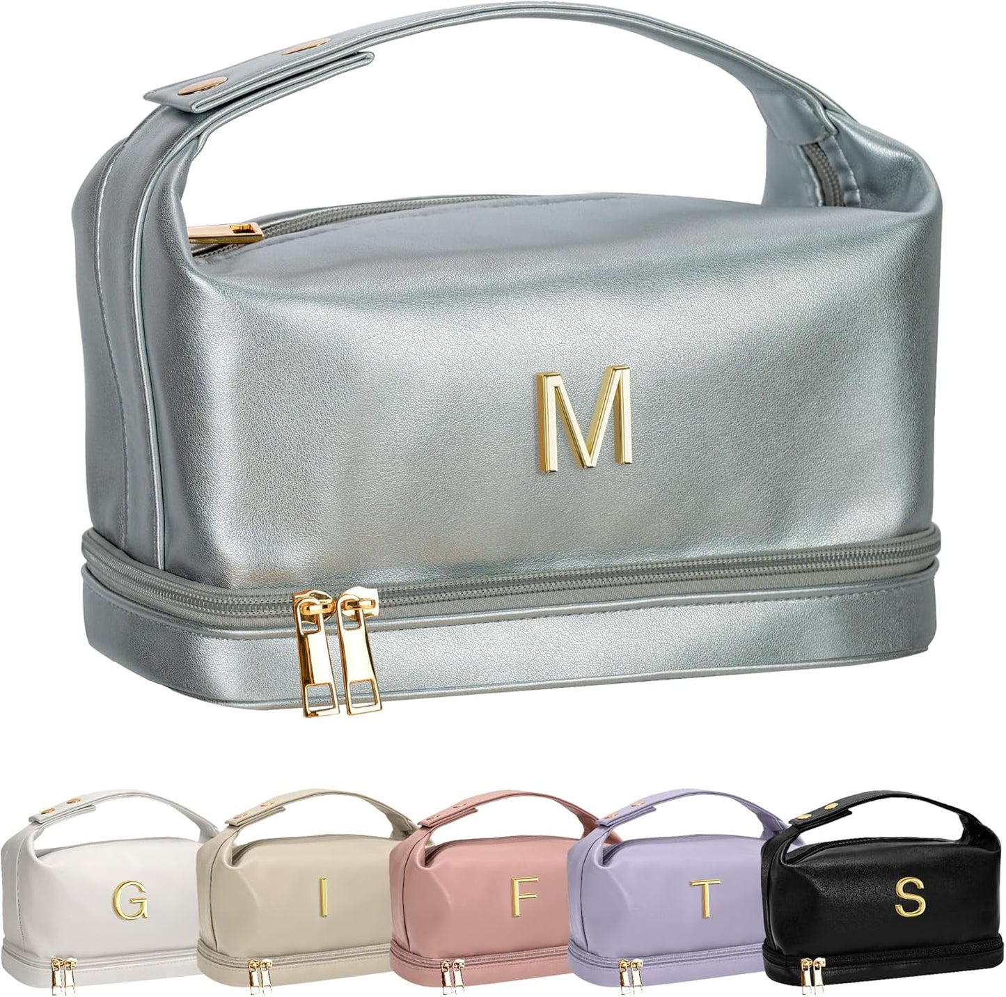 College Gifts for Women, Personalized Makeup Bag with Handle, Initial Double Layer Cosmetic Bag with Makeup Brush Organizer, Cute Cosmetic Pouch for Women, Gifts for Friends Female Mom
