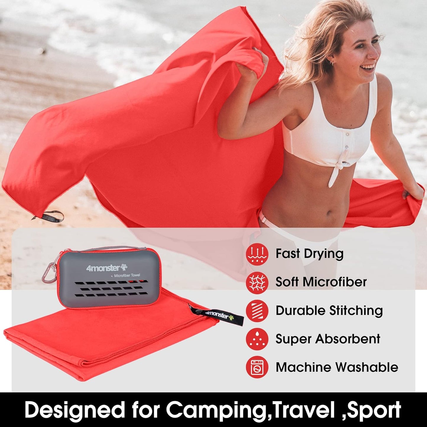4Monster Camping Towels Super Absorbent, Fast Drying Microfiber Travel Towel, Quick Dry Ultra Soft Compact Gym Towel for Swimming Beach Hiking Yoga Travel Sports Backpack (59.00" x 30.00", Red)
