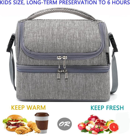 FlowFly Double Decker Cooler Insulated Lunch Bag Large Tote for Boys, Girls, Men, Women, With Adjustable Strap (Grey)