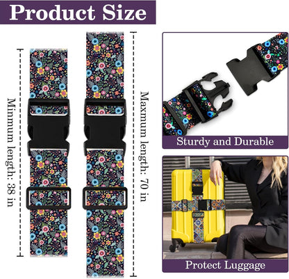 Luggage Straps for Suitcases TSA Approved, Luggage Identifiers for Suitcase, Adjustable Suitcase Strap for Baggage Security with Cute Patten, Travel Necessary Accessories 2Pack (Color Retro)