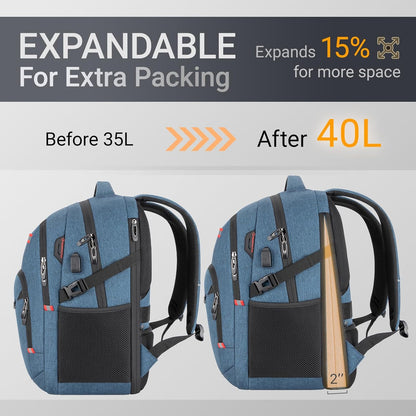 40L Expandable Laptop Backpack, Anti-thief Travel Backpack with USB Charging Port, Airline Approved Business Waterproof Carry on Luggage, Fits 15.6" Laptop for Men Women