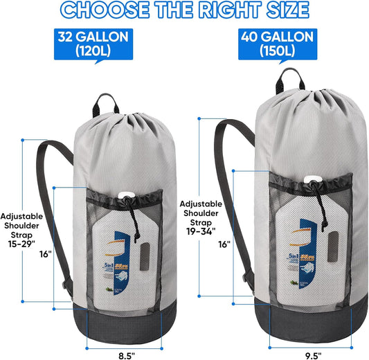 BALEINE 150L Laundry Bag Backpack, 900D Oxford Fabric Large Travel Laundry Bags with Shoulder Straps and 2 Mesh Pockets for College Dorm, Apartment, Laundromat (Grey, 150L)