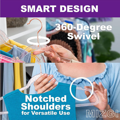 MIZGI Premium Clear Invisible Acrylic Hangers,Crystal Plastic Hangers with Bling Rose Gold Glitter 50 Pack Ultra Slim & Space Saving Suit Hangers for Coats, Pants & Dress Clothes