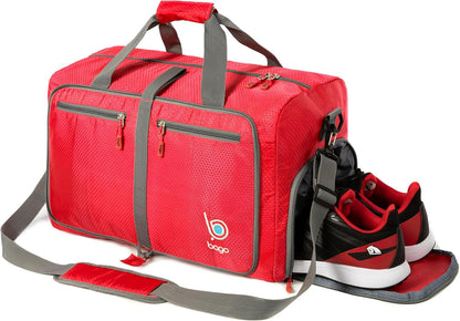 Bago Foldable Duffel Bags for Traveling Women & Men - 40L Sports Packable Duffle Bag for Travel with Shoe Compartment - Water Repellant, Heavy Duty, Lightweight Folding & Collapsible (Red)