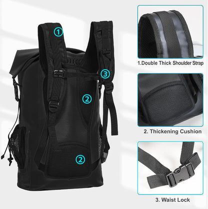 UPWELL 30L Waterproof Dry Bag Boating Backpack for Travel Hiking Camping Kayaking Hiking Swimming Floating Submersible Dry Bag Black