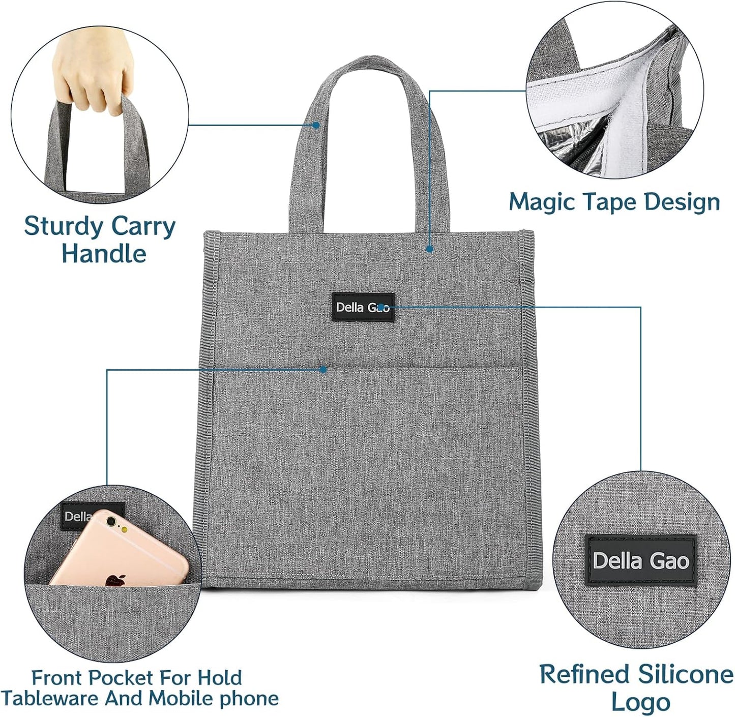 Della Gao Insulated Lunch Bag for Women Men, Waterproof Small Lunch Tote Lunch Box, Reusable Lunch Bags for Work, Party, Travel and Picnic (Gray)