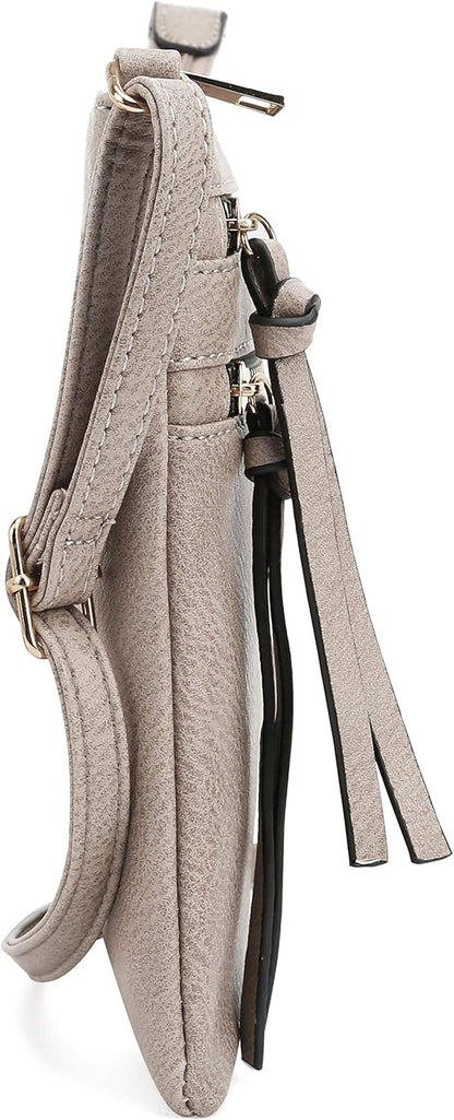 DELUXITY | Crossbody Purse Bag | Functional Multi Pocket Double Zipper Purse | Adjustable Strap | Medium Size Purse | Taupe