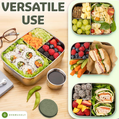 Everusely - Bento Box - Sage, 47oz / 1.4 L - Stainless Steel Lunch Box with Leakproof Condiment Container - 3 Compartment Snack Organizer for On the Go Meals - Freezer & Dishwasher Safe