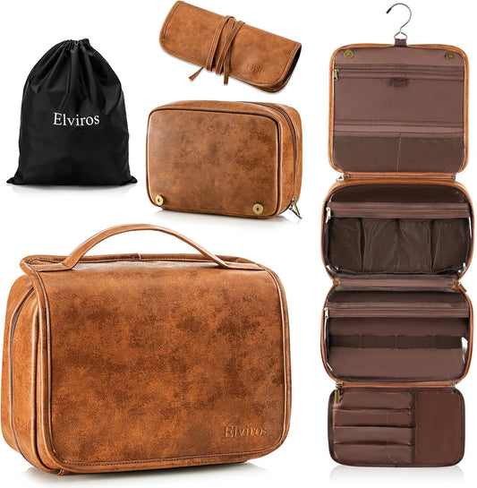 Elviros Hanging Toiletry Bag for Men Travel Essentials 3-in-1 Large Waterproof Dopp Kit PU Leather Shaving Bag with Separate Compartments for Grooming and Toiletries Mens Gift