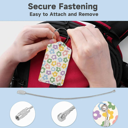 2 Pack Luggage Tag for Suitcase, Vintage Groovy Flower Leather Bag Tags Identifiers Privacy Cover ID Label with Durable Steel Loop for Women Men Kids Girls Travel