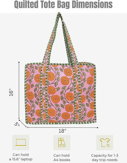Cotton Quilted Tote Bag for Women – Large Beach & Travel Tote with Zipper, Reusable Grocery Bag
