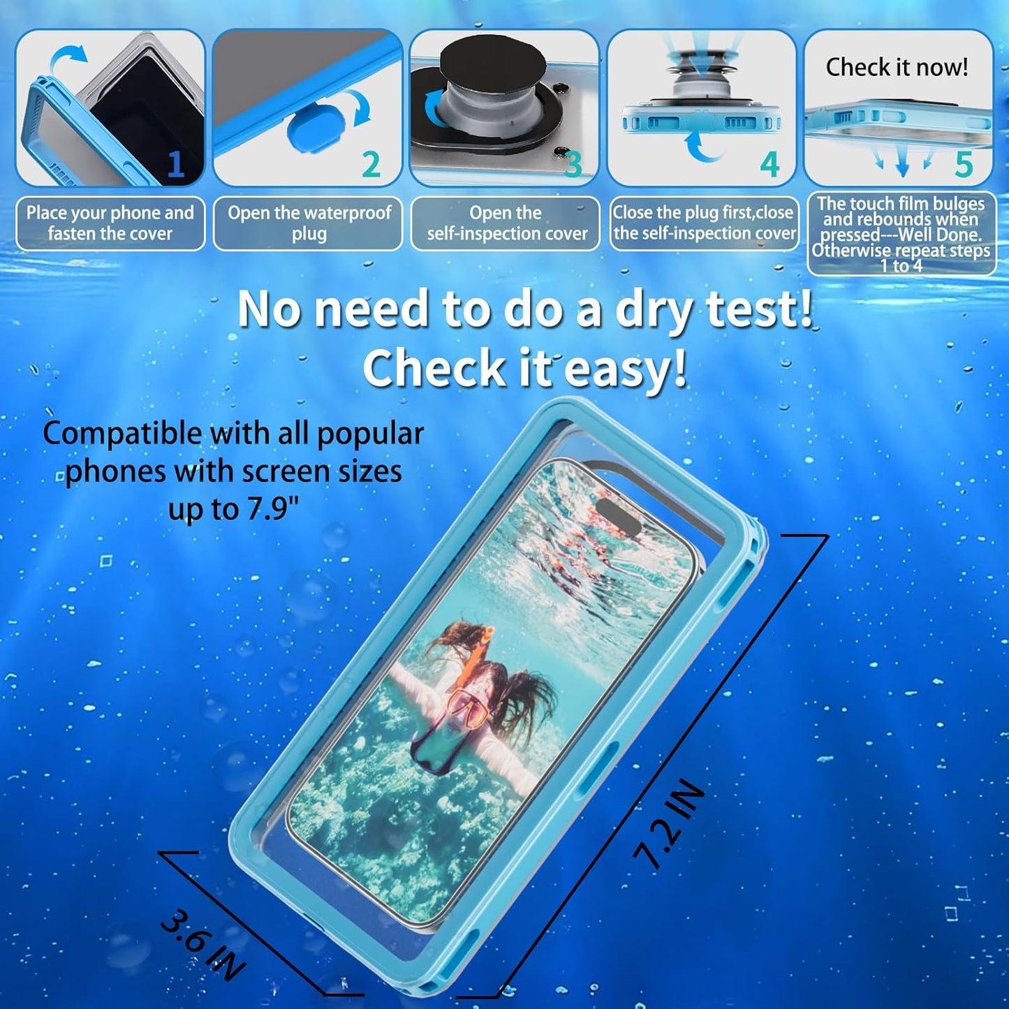 Waterproof Phone Pouch 7.5'',IPX8 Waterproof Floating Phone Case/Bag with Lanyard for Snorkeling with Unterwater Touch/Photo for iPhone 16/15/14/13 Pro Max Samsung Galaxy S25 Ultra-Blue