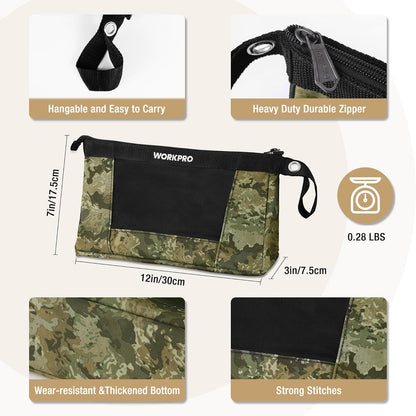 WORKPRO 12" Tool Pouches with Zipper, Heavy-Duty Small Tool Bag, Utility Small Tool Pouch for Tool Organizers and Storage, Mini Tool Bag, 3 Pack, Camo