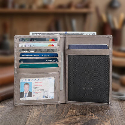 Polare Luxury RFID Blocking Leather Passport Holder Travel Wallet For Men and Women (Grey with AirTag Slot)