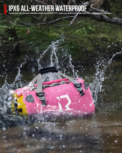 IRON JIA'S Motorcycle Dry Bag - Waterproof Duffle & Luggage Tail Bag Saddle Bags with Roll Top Closure, Shoulder Straps, Inner Pocket and Mesh Pocket (Pink, 50L)