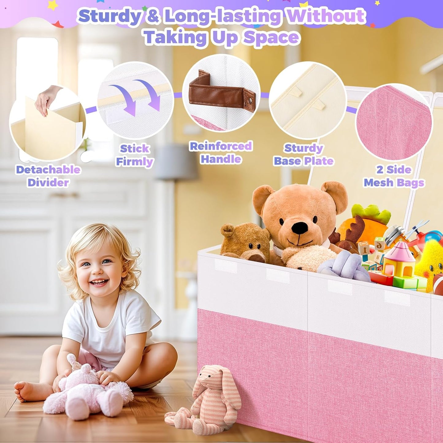 Extra Large Toy Storage Box with Lid, Collapsible Sturdy Toys Chest Storage Organizer Bin Basket with Divider for Kids, Boys, Girls, Closet, Playroom, Bedroom, Nursery, 40"X14"X16", Pink & White