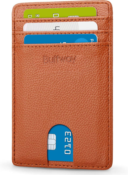 Buffway Mens Slim Wallet, Minimalist Thin Front Pocket Leather Credit Card Holder with RFID Blocking for Work Travel
