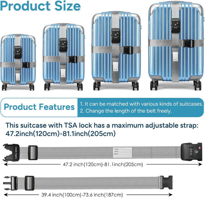 Travel Inspira Travel Belt for Luggage, TSA Approved Luggage Straps, 3-Dial Combination Locks Adjustable Suitcase Belt, Quick-Release Buckle (Grey)
