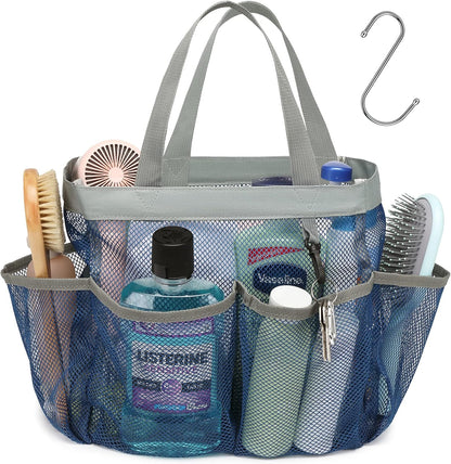 F-color Mesh Shower Caddy Portable, Upgrade Deeper 7 Pockets Shower Bag Basket Tote for College Dorm Room Toiletry Bathroom Essentials Gym Camp Quick Dry 2 handles with S Hook, Navy Blue