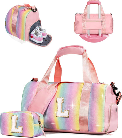 Gifts for 4 5 6 7 8 9 10 Year Old Girls-Girl Gym Bag with Shoe Compartment, Kid Weekender Overnight Bags, Initial Travel Tote with Makeup Pouch, Niece Girls Birthday Gift (Letter L)