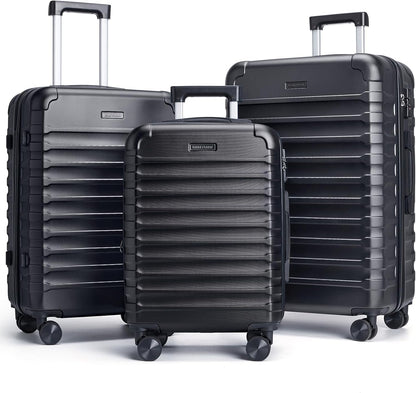 LIGHT FLIGHT Luggage Sets, 3 Piece Durable Suitcase Set with Spinner Wheels, 3 Pcs Hardside Lightweight luggage with TSA Lock, Large Checked Travel Suitcases, 20/24/28 Inch, Black
