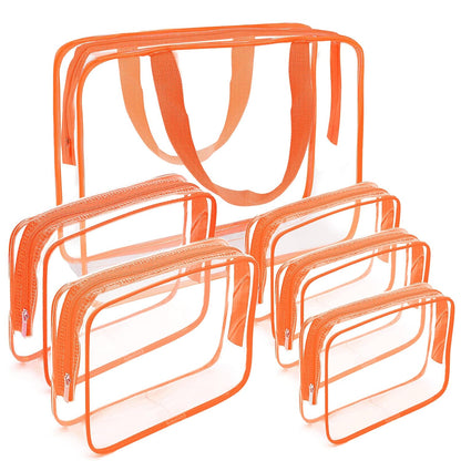 APREUTY Clear Makeup Bags, TSA Approved 6 Pcs Cosmetic Makeup Bags Set Clear PVC with Zipper Handle Portable Travel Luggage Pouch Airport Airline Vacation Organization (Orange)
