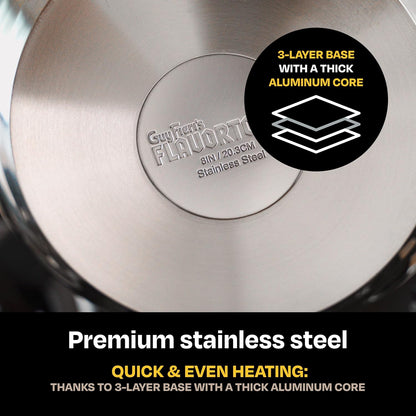 Guy Fieri's Flavortown 3.2-Quart Stainless Steel Sauce Pan with Tempered Glass Lid - Kitchen Cookware with Tri-Ply Base, Oven Safe to 500°F, Dishwasher Friendly, Works with Gas & Induction Cooktops