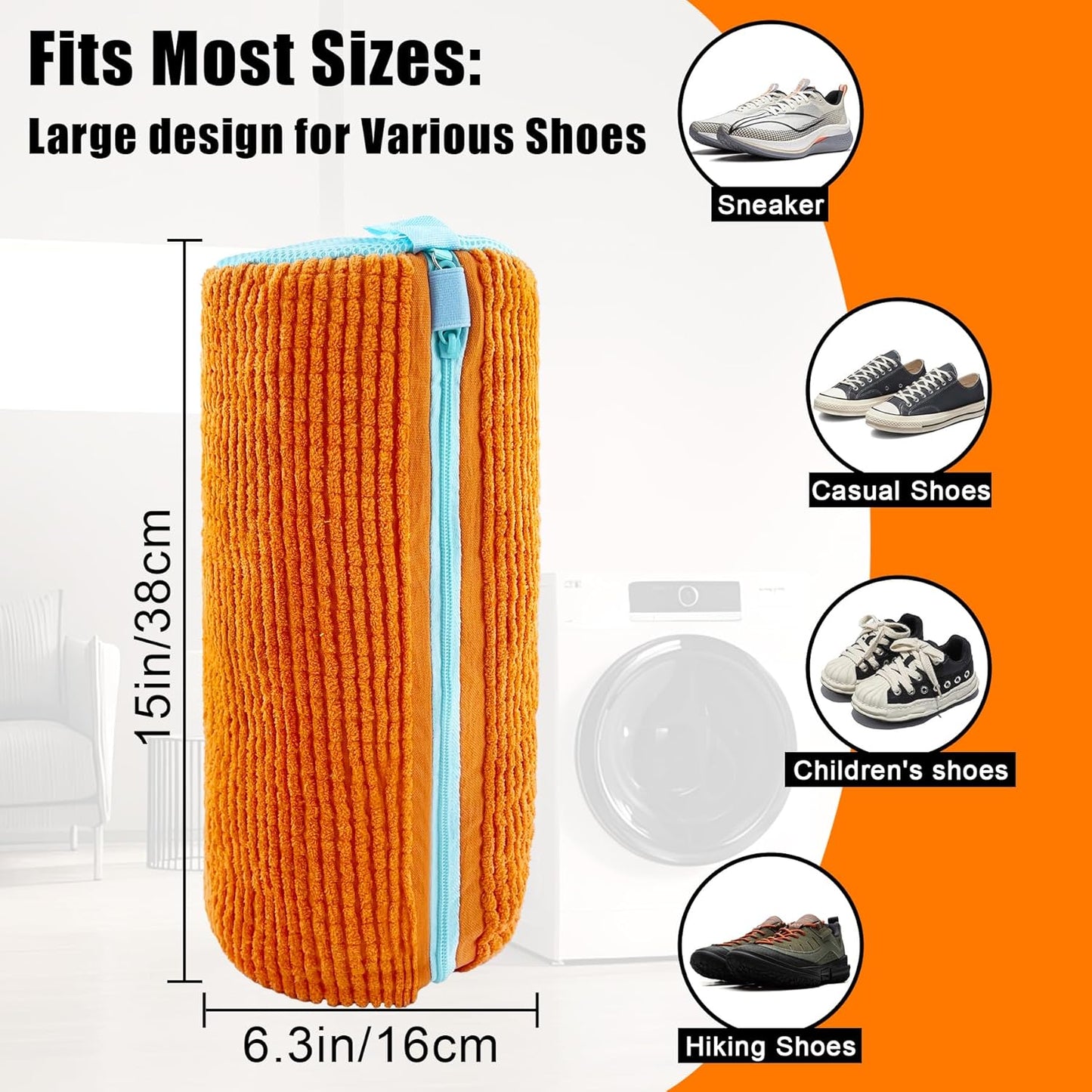 XXL Shoe Washing Machine Bag - 2-Pack Reusable Shoe Cleaning Bags, 360° Deep Clean for Sneakers, Tennis Shoes, and Slippers, Includes 2 Shoe Storage Dust Bags (Orange)