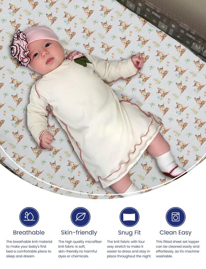 TotAha Mini Crib Sheets 24x38, Ultra Soft Pack N Play Sheets Fitted Boy Girl, Super Stretchy Jersey Knit Pack and Play Mattress Sheets, Hypoallergenic, Forest Bear & Cute Deer