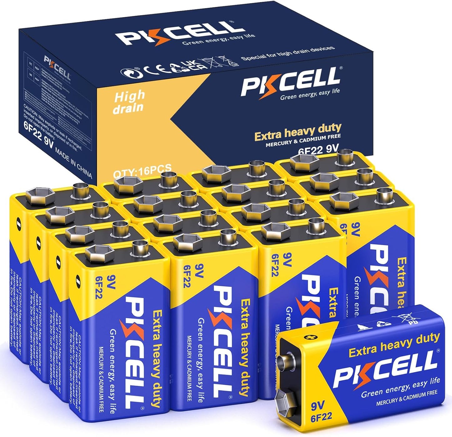 PKCELL 9V Battery Carbon Zinc for Smoke Detectors 6F22 Battery, 10-Year Shelf Life，Ultra Long-Lasting(16PCS)