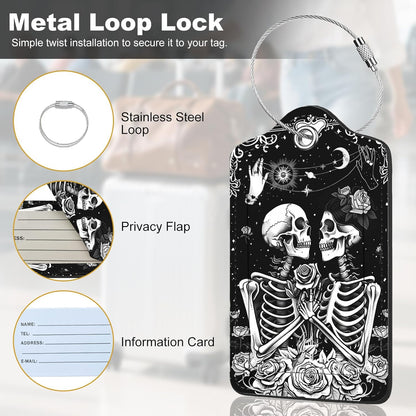 2Pack Luggage Tags for Suitcases, Cute Unique Pu Leather Cruise Luggage Tag with Privacy Cover ID Label Address Card and Metal Ring Suitable for Women Men Kids Travel Bag Skeletons and Flowers