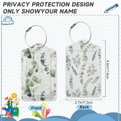 2 Pack Leather Luggage Tag for Suitcase Green White Eucalyptus Leaves Unique Travel Tags with Privacy Cover ID Label & Stainless Steel Loop for Men and Women Baggage