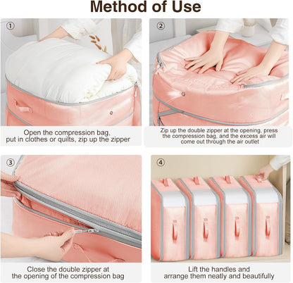 4 Pack Compression Storage Bags - 110L Large Capacity Comforter Storage Bag, 3-Layer Washable Ultra Space Saving Self Compression Organizer Space Bags for Blankets, Sweaters, Sheets, Pink