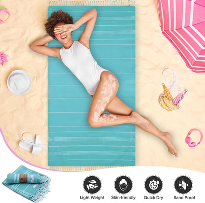 Turkish Beach Towel - 40x71 inch Oversized Sand Resistant Prewashed Turkish Towel - 100% Turkish Cotton Quick Drying, Compact, Lightweight Turkish Towel for Beach, Bath, Pool, Gym, Yoga.